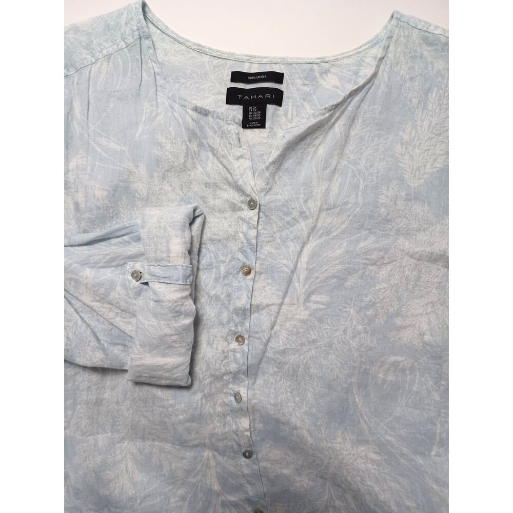 Tahari Linen Top Plus‎ Size 2X Floral Print Roll Up Sleeve Full Button Beachy